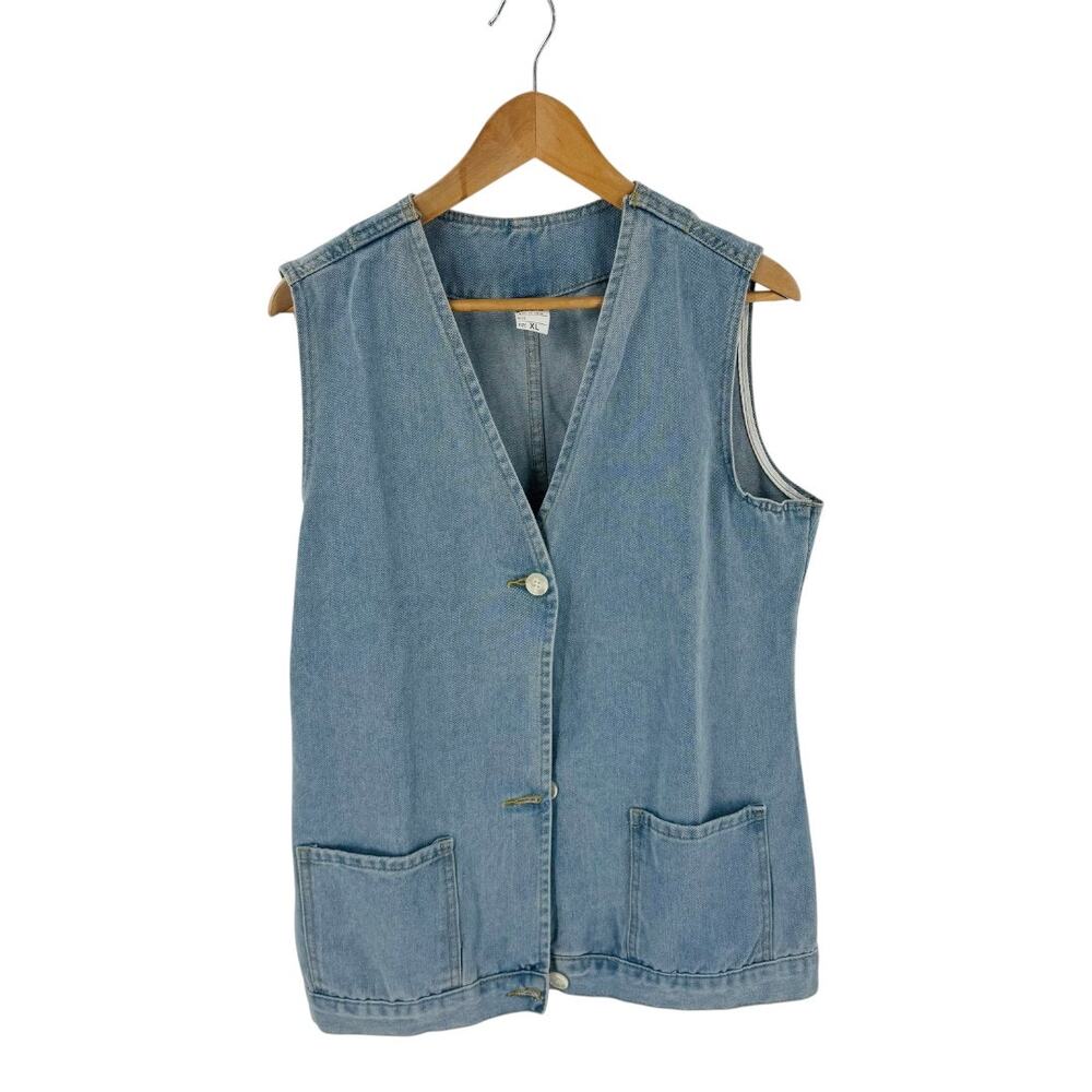 Light Wash‎ Denim Button Front Vest Blue Utility Pocket Minimalist Size XL
